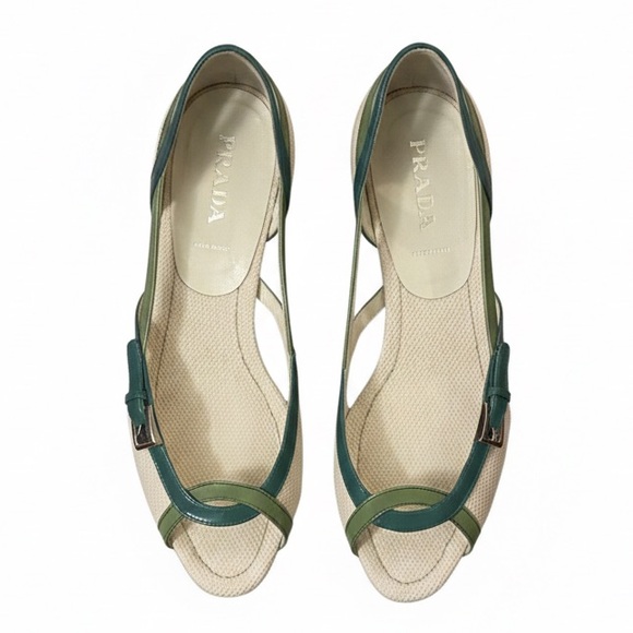 Prada Shoes - PRADA NWOT Teal Mint Green Blue Cream White Open Toe Flats Sandals Patent